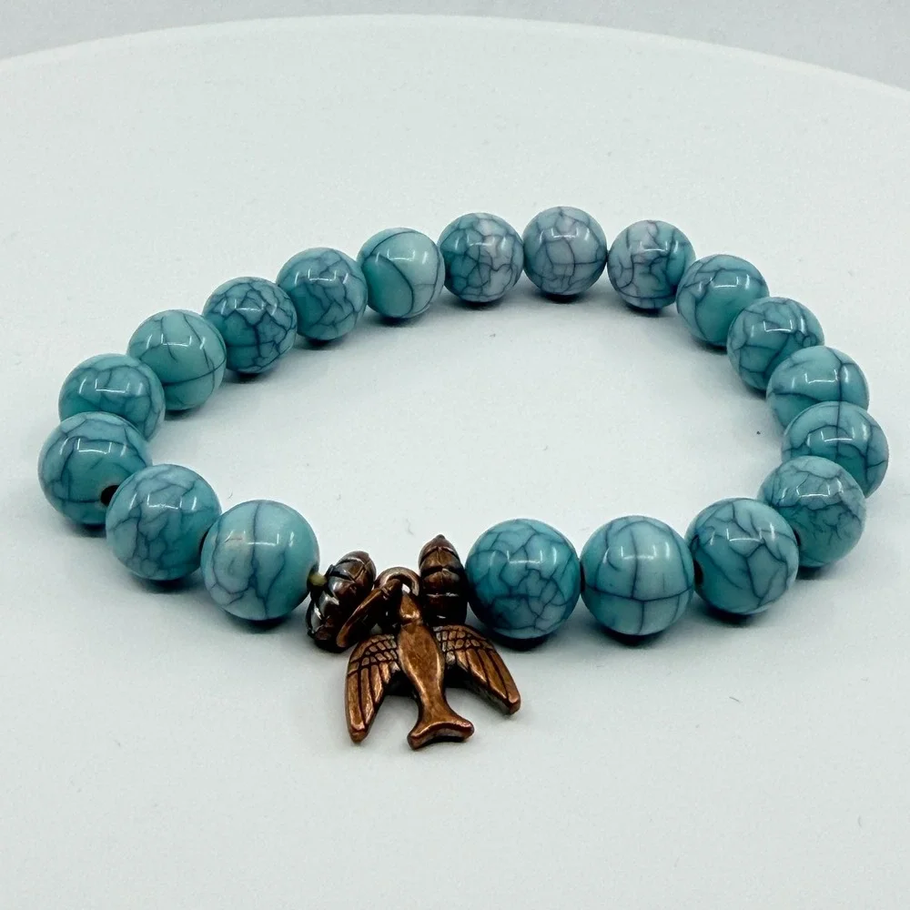 VTG Y2K Faux Turquoise Beaded Stretch Bracelet Copper Tone Bird Charm Boho Retro